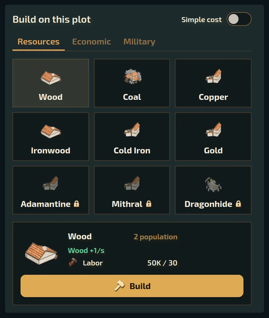 A Blitz plot's build sheet: Resources, Economic and Military, each building with its price.