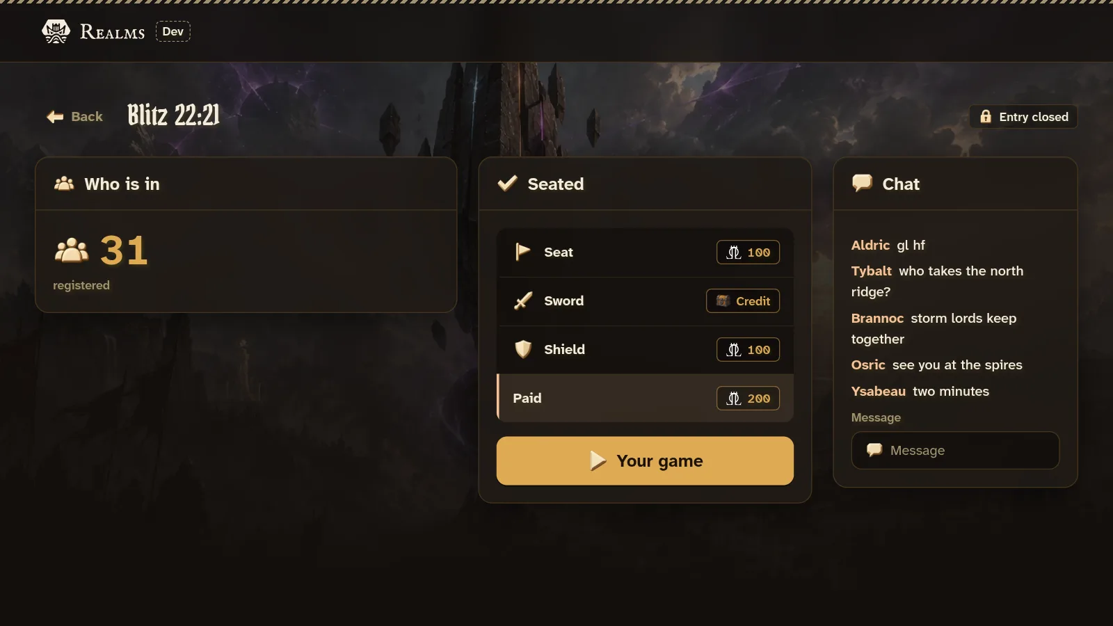 A seated player's lobby: who is in, the countdown, and the chat.