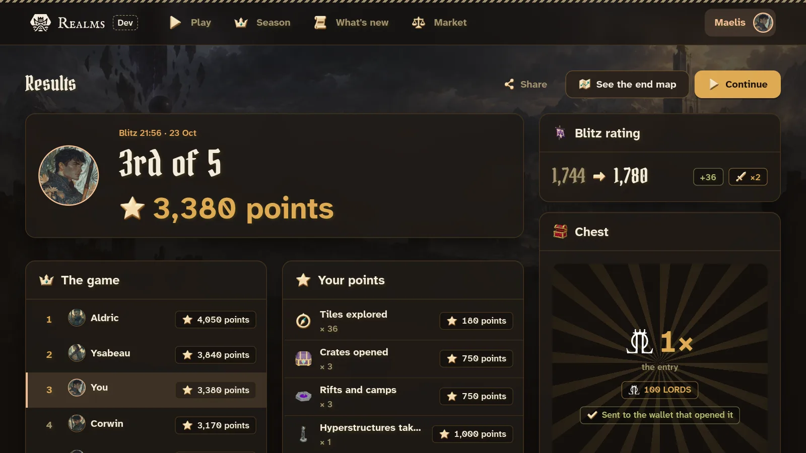 An opened chest on the results page: what it paid, sent to the wallet that opened it.