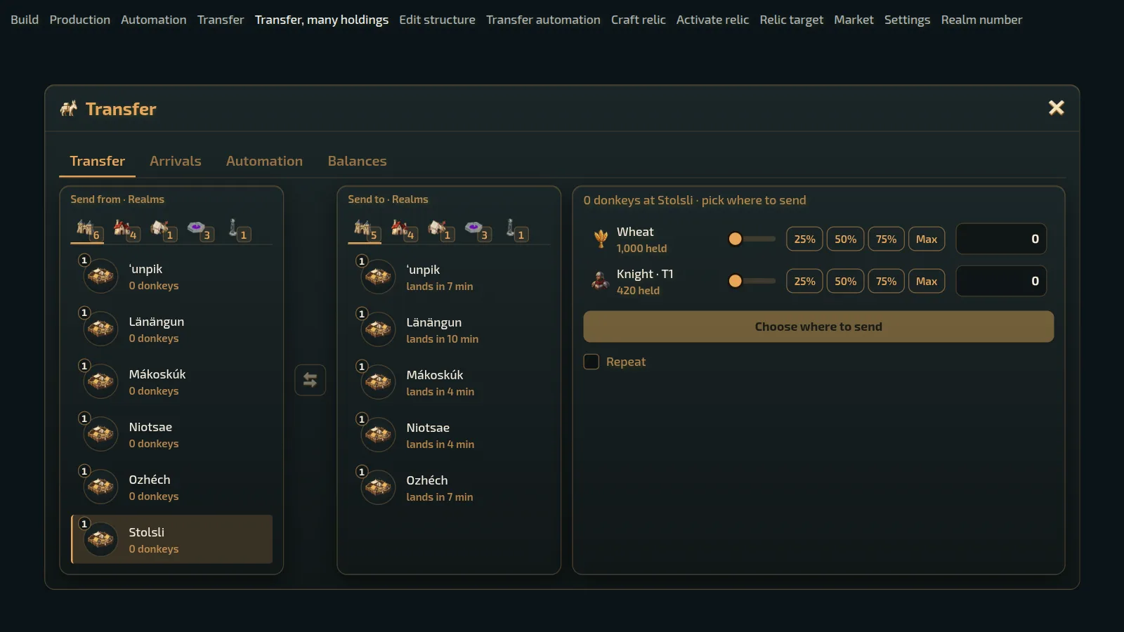 Transfer from one realm to two holdings, with when each shipment lands.