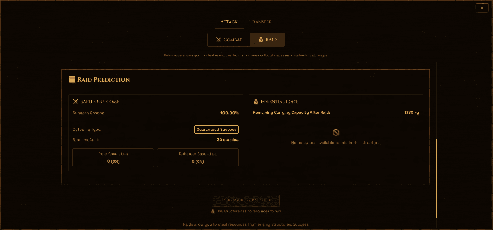 Raiding interface showing an army preparing to raid a structure